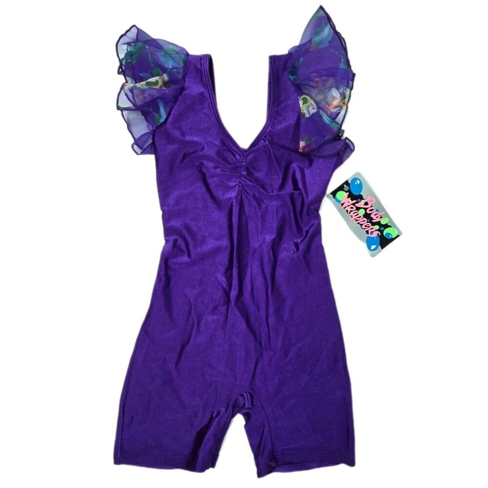 Body Wrappers VTG Royal Purple Chiffon Ruffle Lycra Unitard Biketard Kids 12/14 - Picture 3 of 12